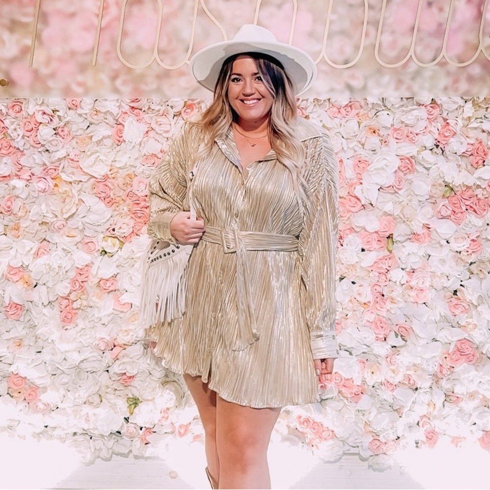Gold Plisse Belted Dress